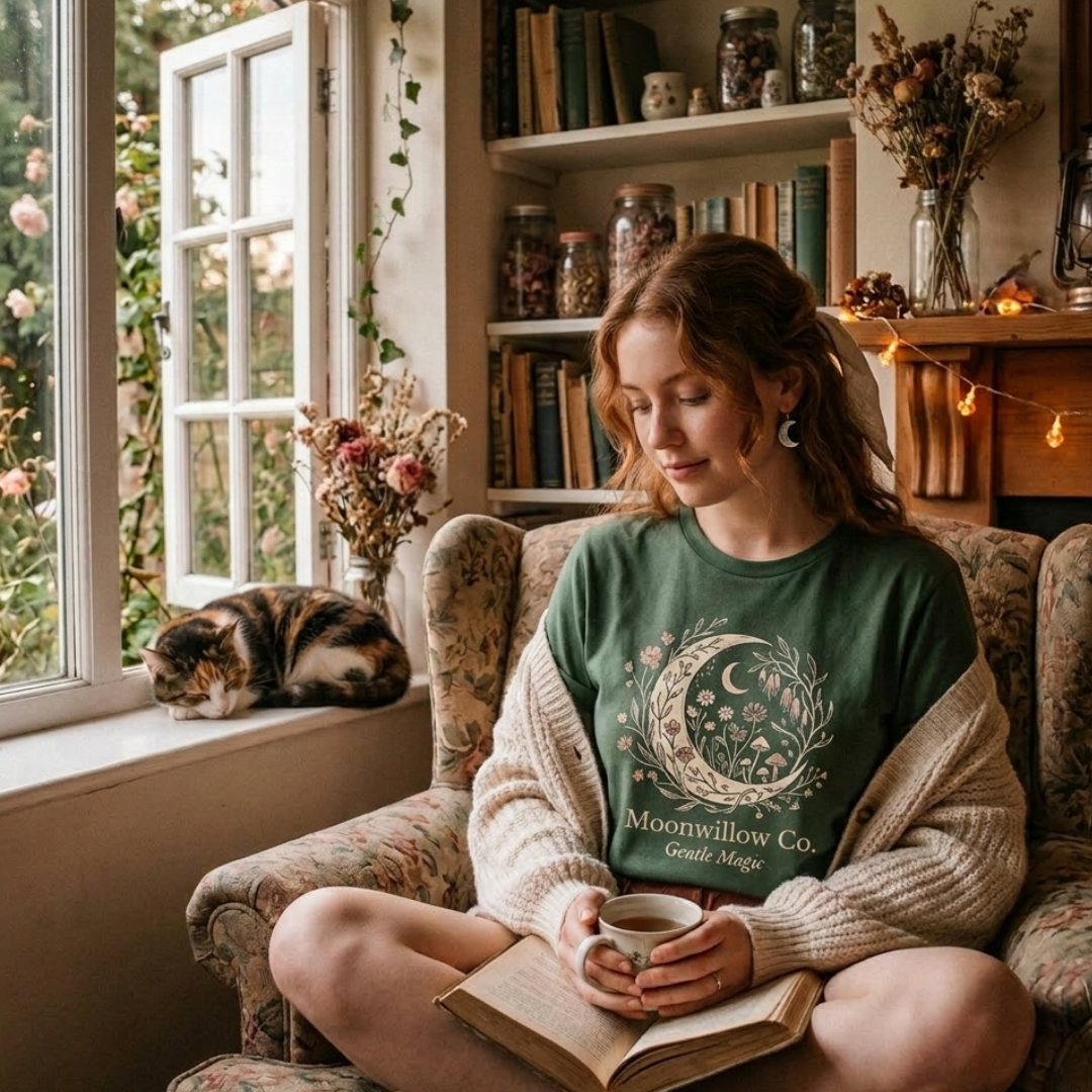 Woman in a cozy room with a cat, reading a book and holding a mug.