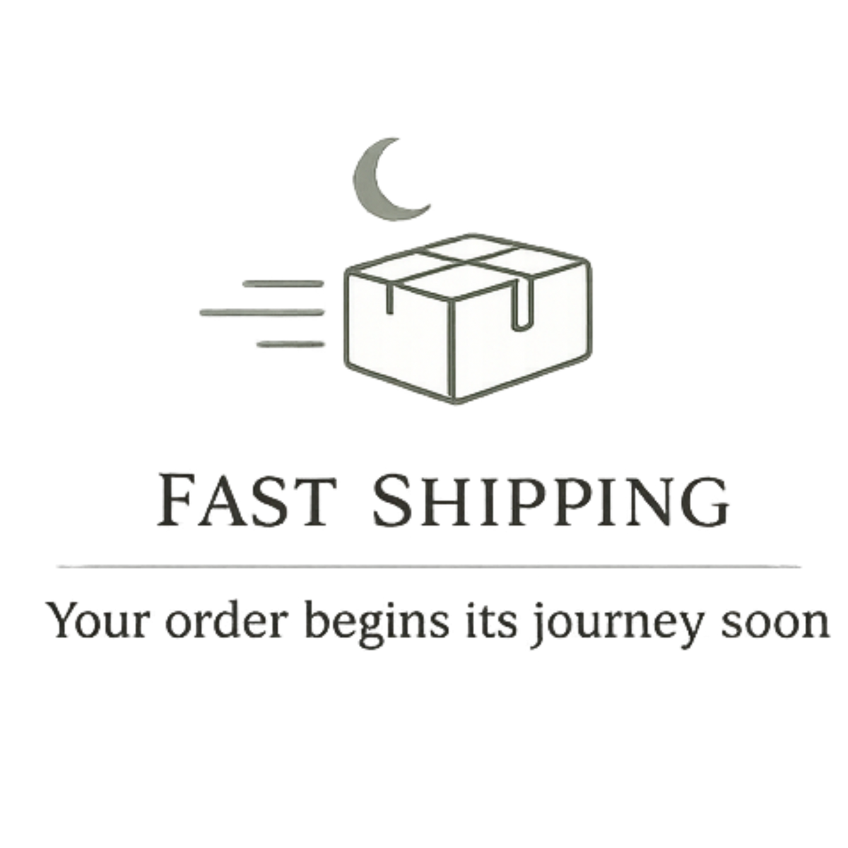 Icon of a box with a crescent moon and text indicating fast shipping on a white background