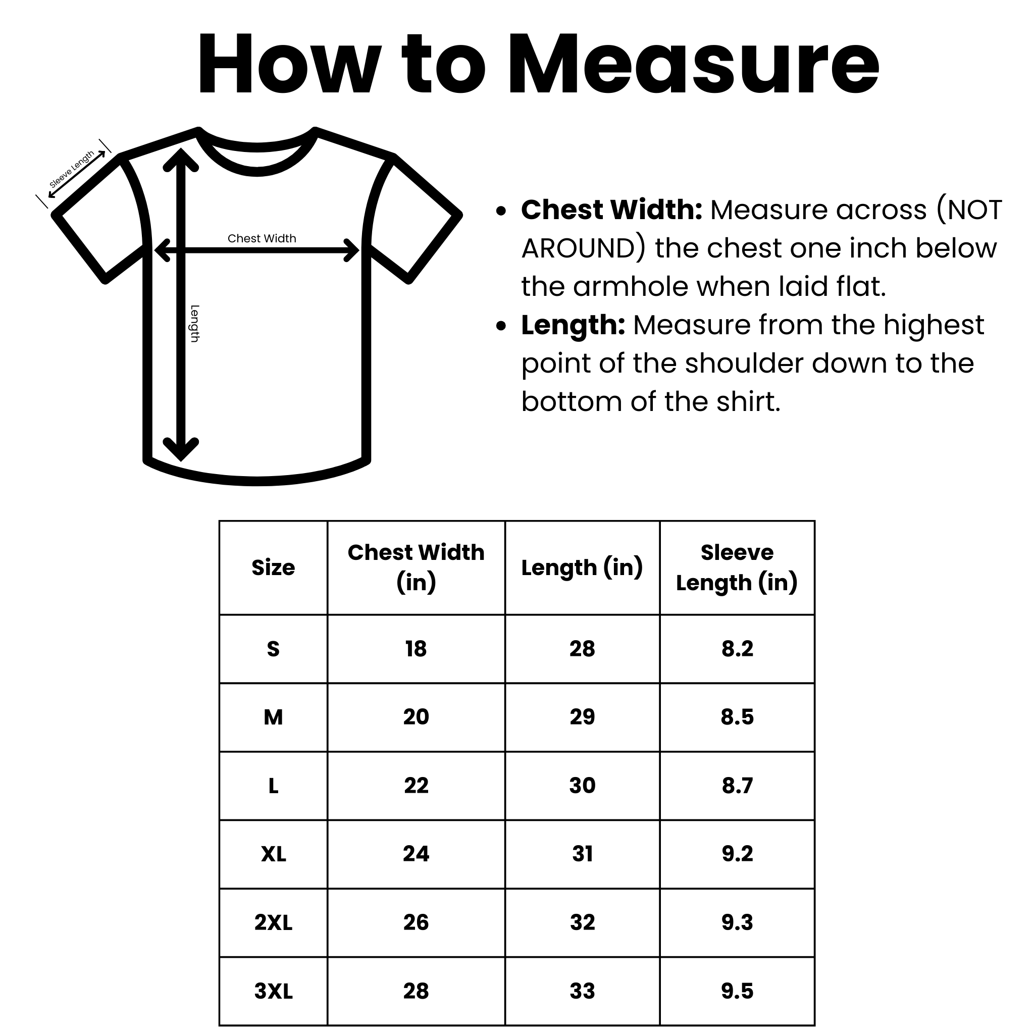 Measurement guide for shirts with a diagram and size chart on a white background